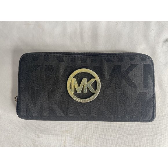 Michael Kors Jet Set Black Canvas Wallet – Clutch with Gold MK Logo - Picture 1 of 5